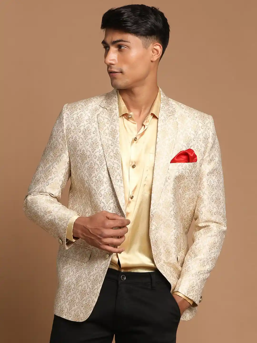 Buy VASTRAMAY Men Gold-Colored Self Design Blazer Blazers for
