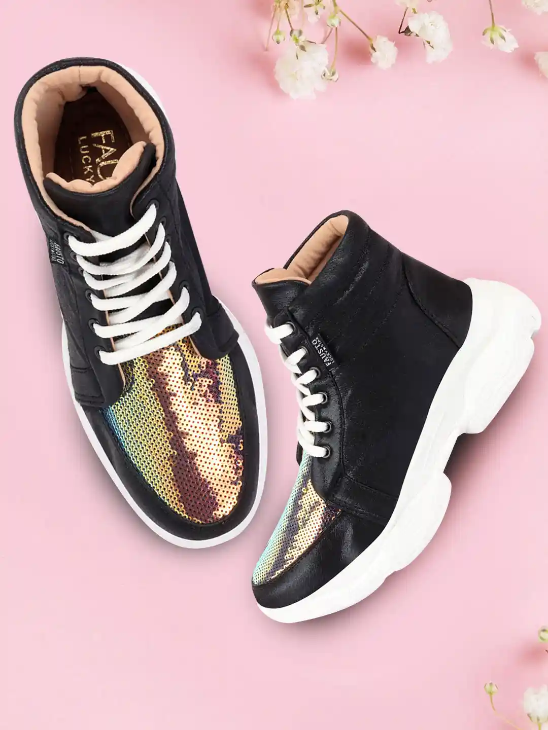 Buy FAUSTO Women Black High Ankle Lace Up Embellished Sneakers