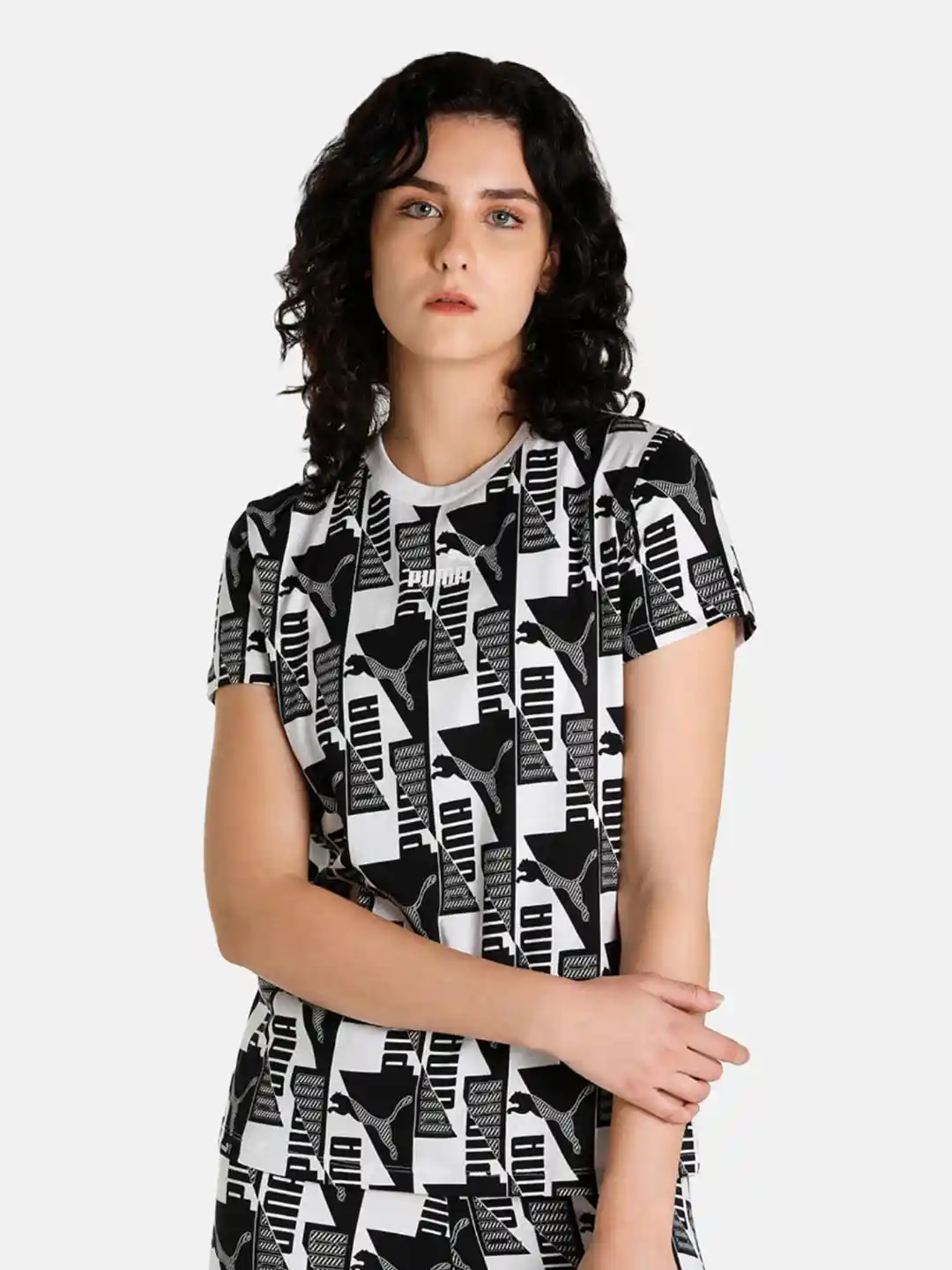 Buy Puma Women White Black Printed Regular Fit Power T-shirt