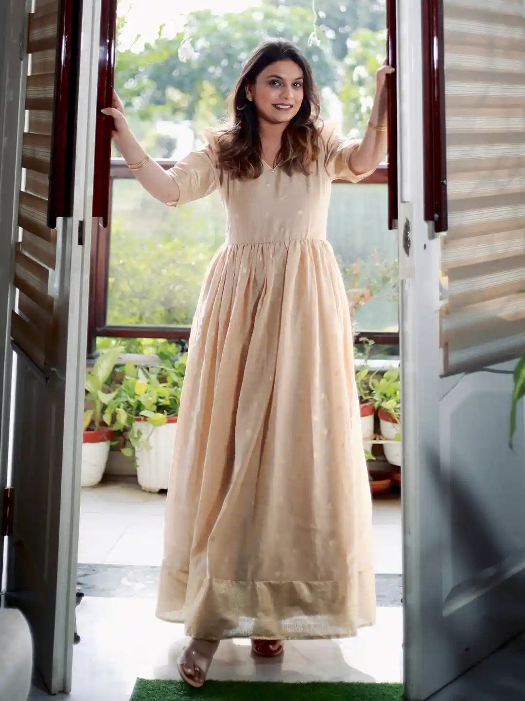 Ahalyaa Women Beige Golden Polka Dots Print A-line Maxi Dress