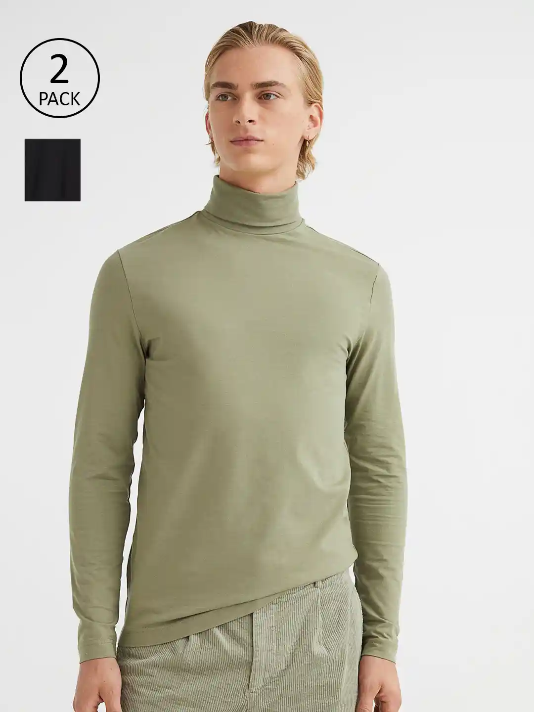 Buy H&M Men Black Olive Green 2-Pack Slim Fit Polo-Neck Tops