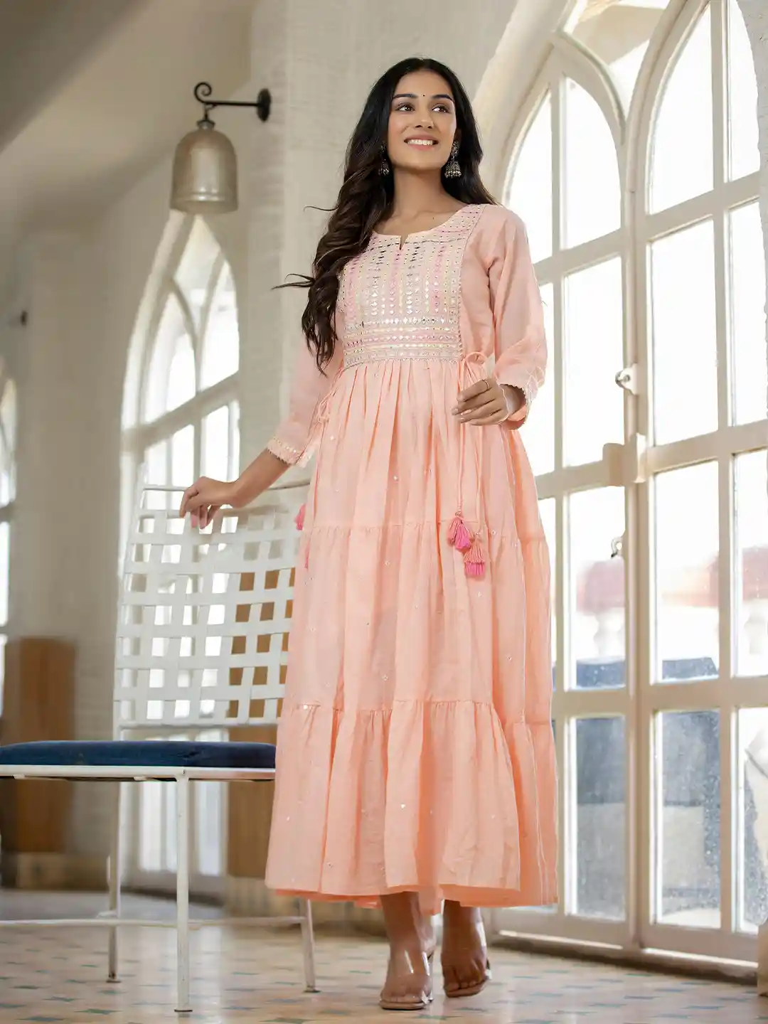 Buy KAAJH Peach-Coloured Floral Embroidered Cotton Maxi Dress