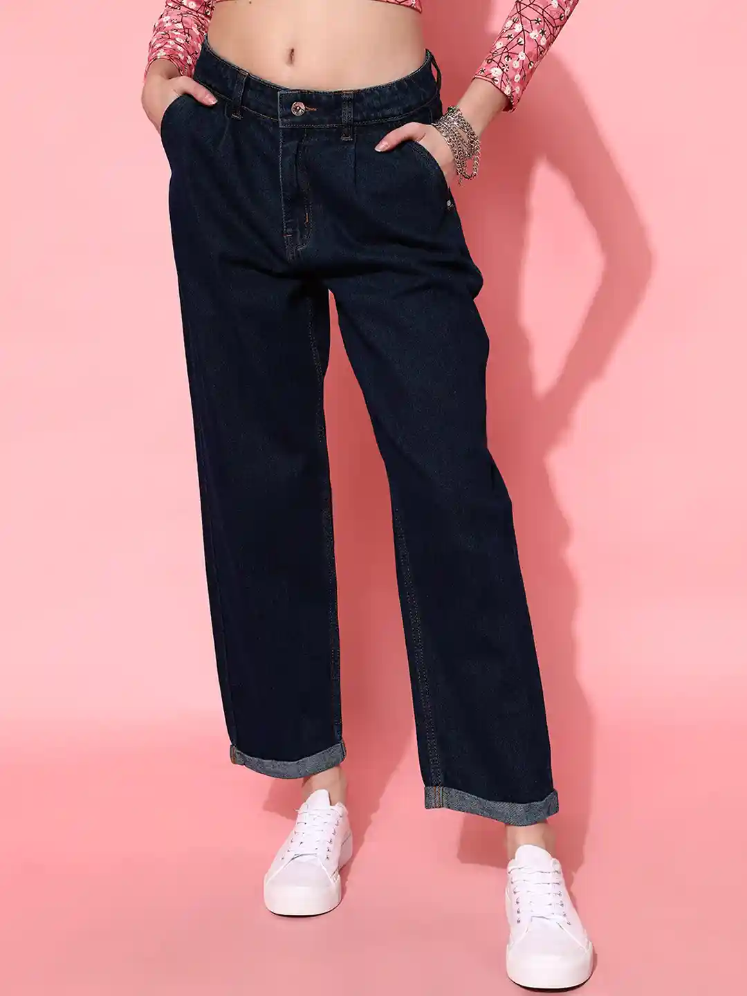 To Roll Up Folding Jeans Legs STREET Women Blue Wide Leg Bottom - Main Image