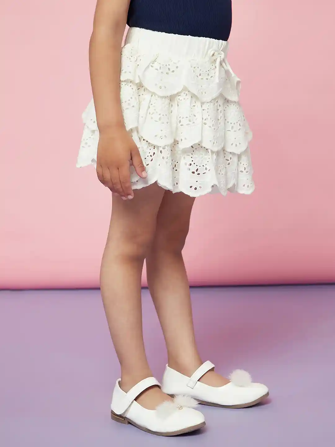 Buy SPUNKIES Girls White Schiffli Printed Knee Length Flared