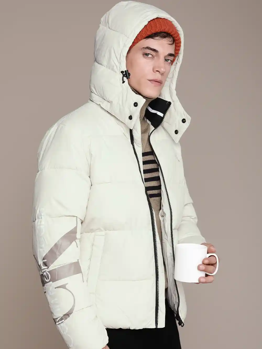 Buy Calvin Klein Jeans Men Beige Brand Logo Printed Padded Jacket