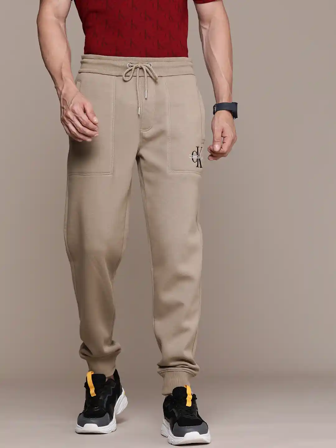 Buy Calvin Klein Jeans Men Beige Brand Logo Embroidered Joggers