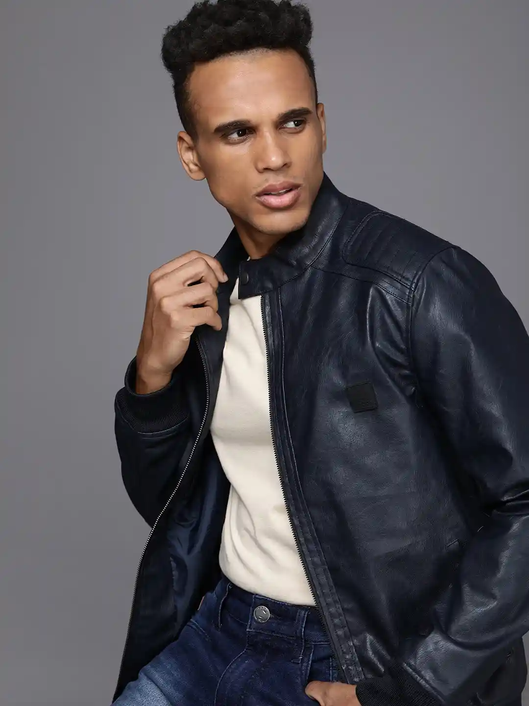 Buy WROGN Men Navy Blue Solid Biker Jacket Jackets for Men