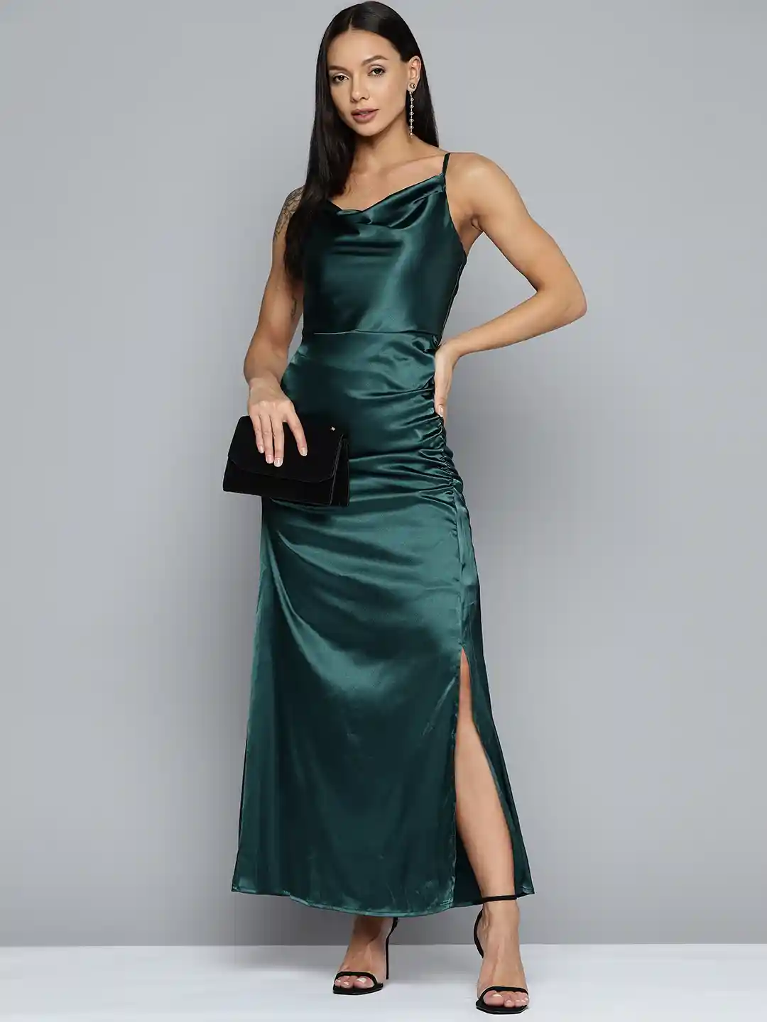 Buy Chemistry Cowl Neck Ruched Satin Slit Maxi Dress Dresses for