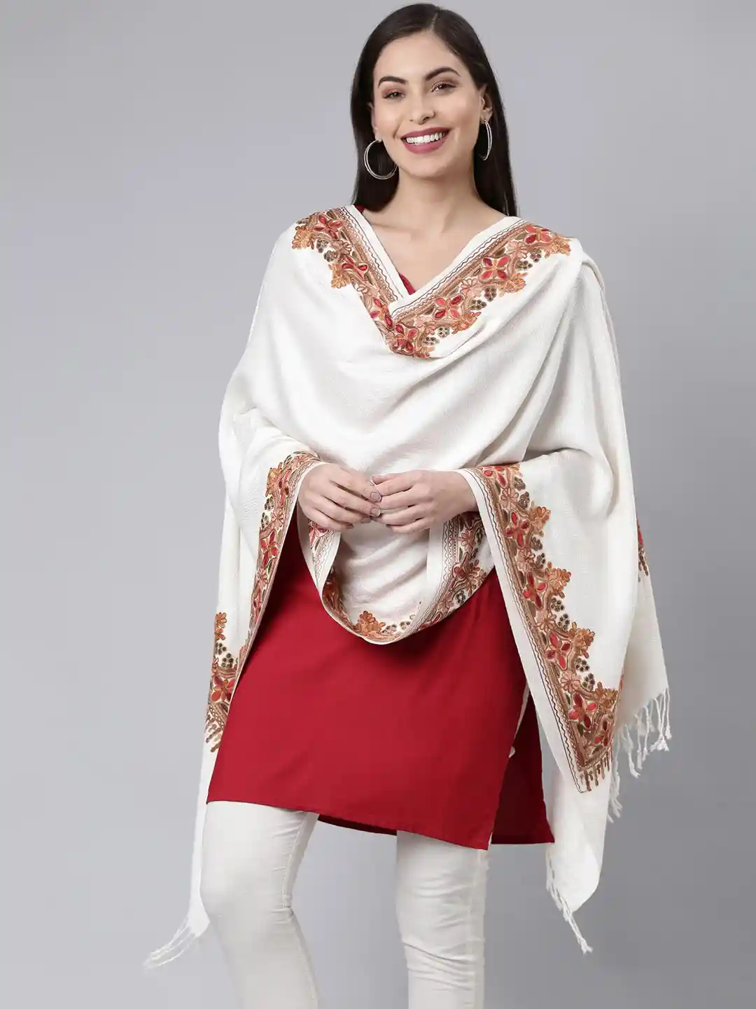 Buy Pashmoda Women White Aari Embroidered Kashmiri Shawl Shawl