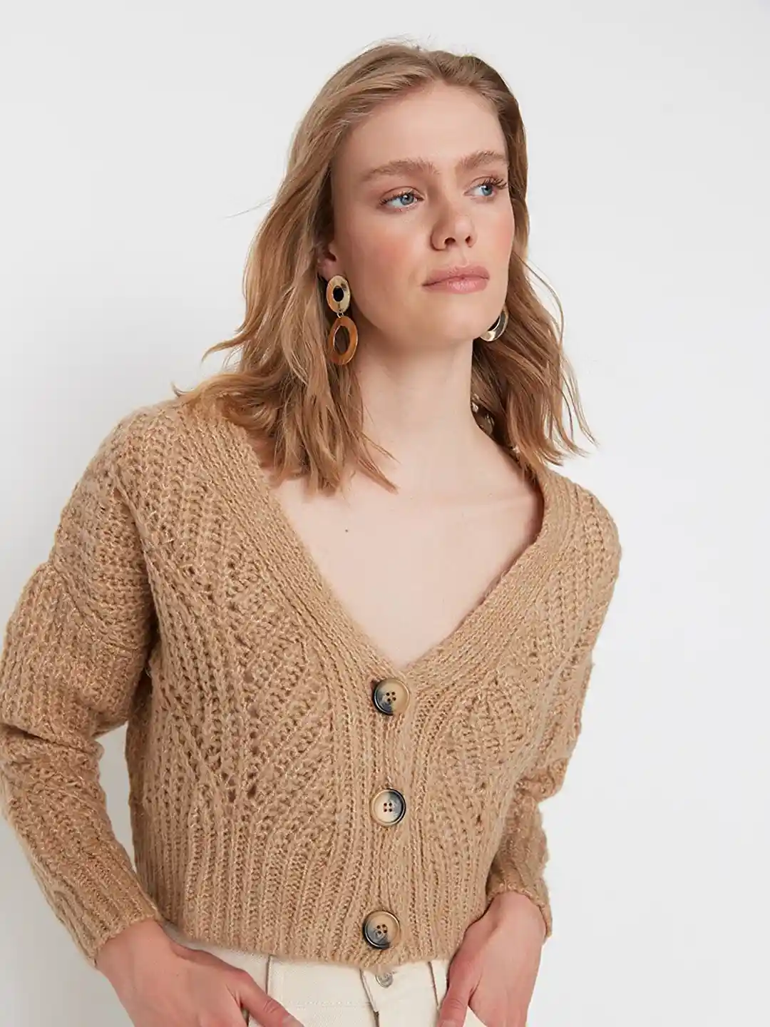 Trendyol Women Camel Brown Crop Cardigan
