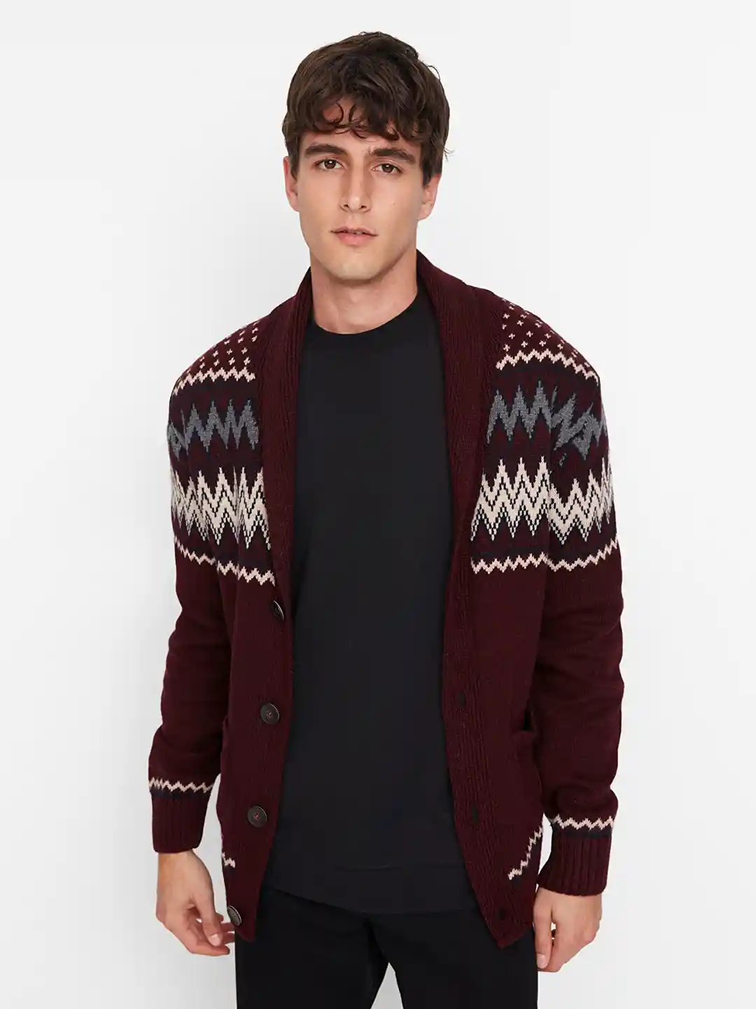 Buy Trendyol Men Burgundy White Printed Cardigan Sweaters for