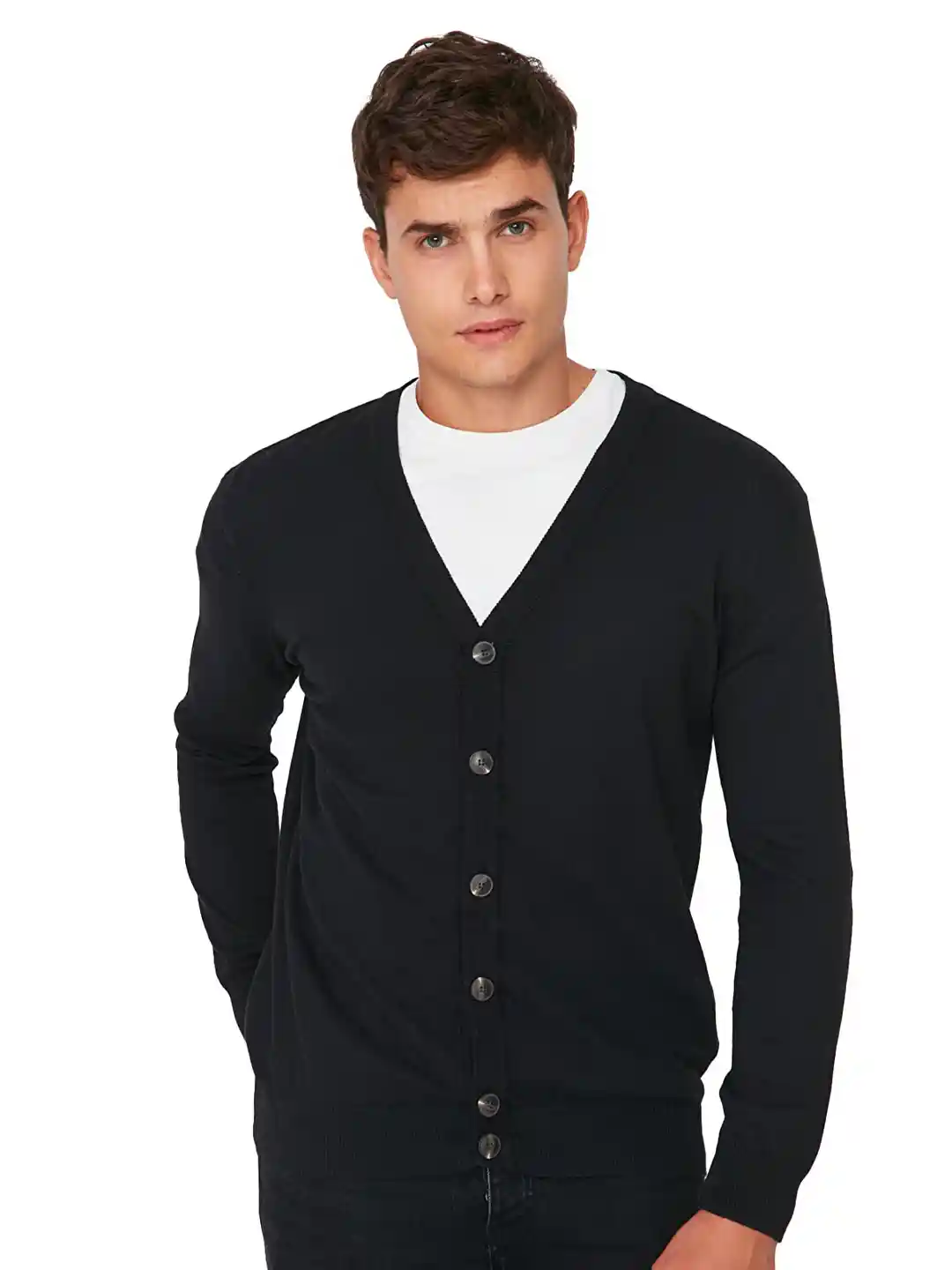 Trendyol Men Black Front Open V-Neck Cardigan