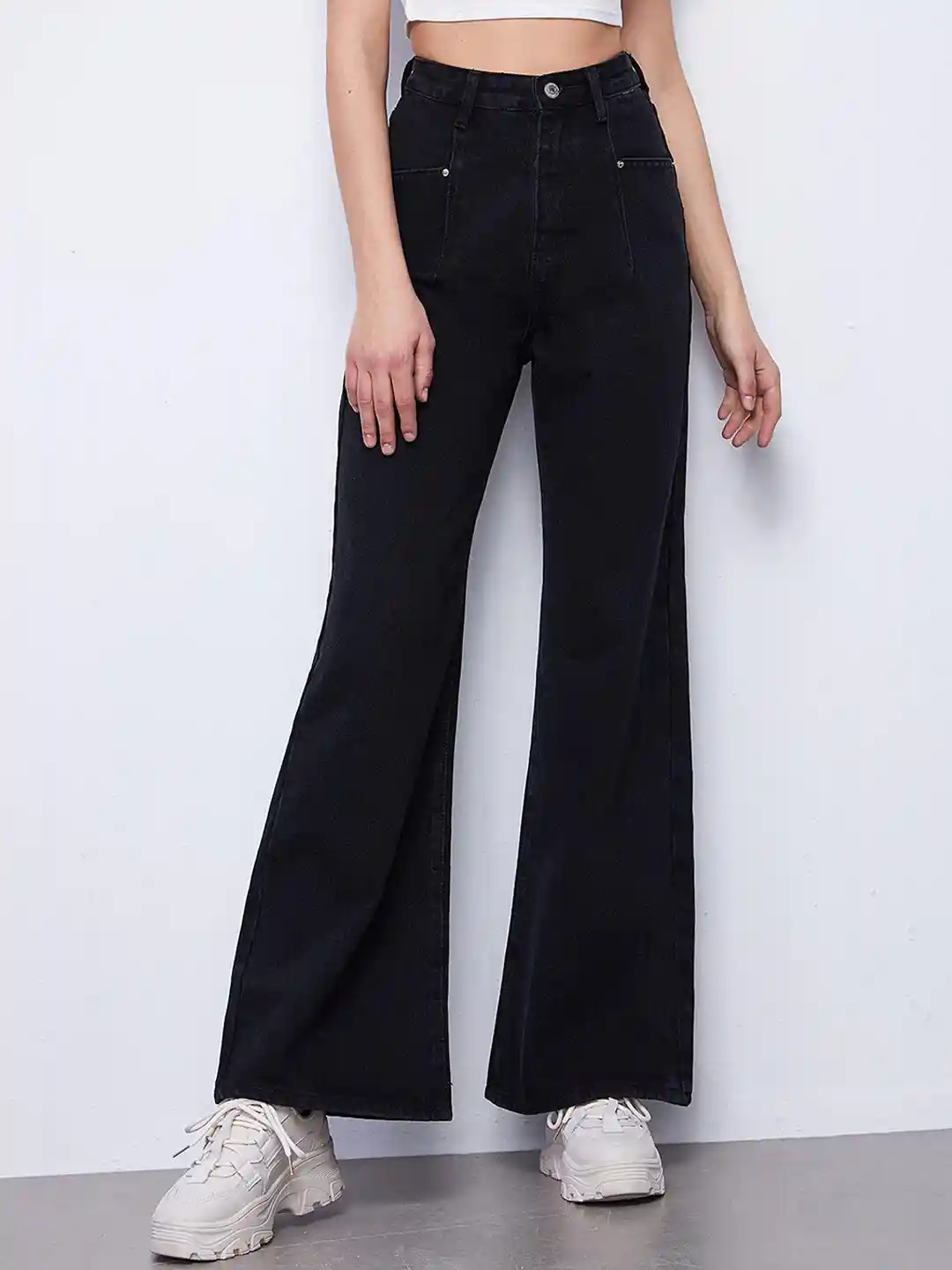 Buy Kotty Women Black Jean Flared High-Rise Low Distress