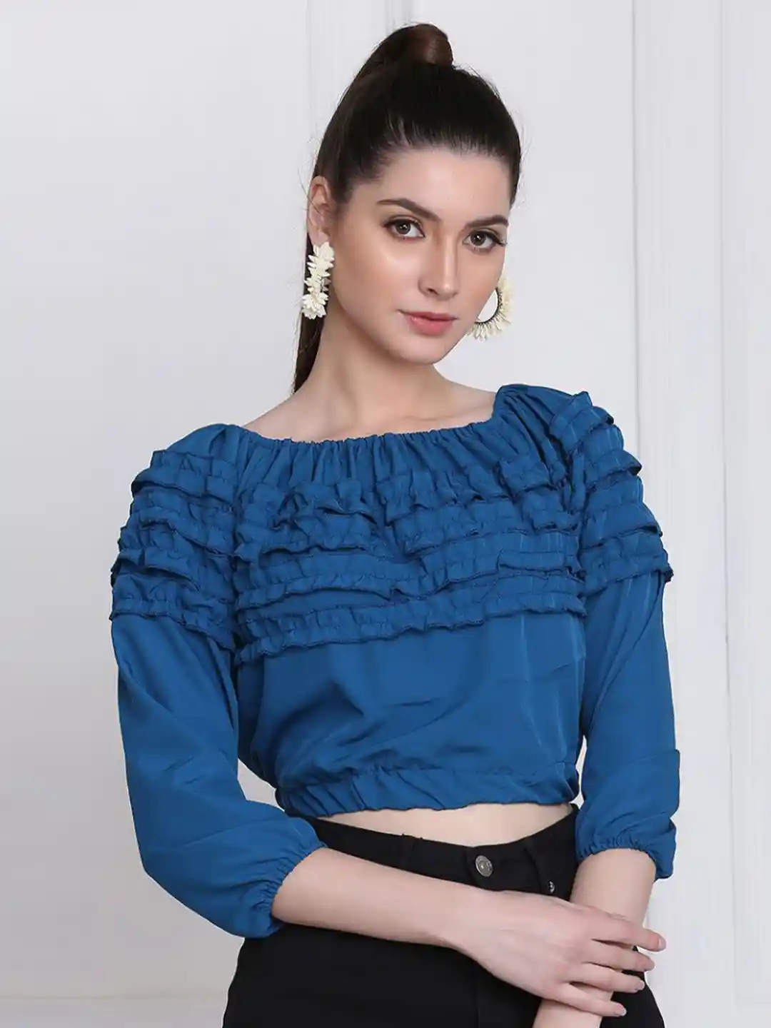 Buy BUY NEW TREND Women Blue Pleated And Ruffle Top Tops for