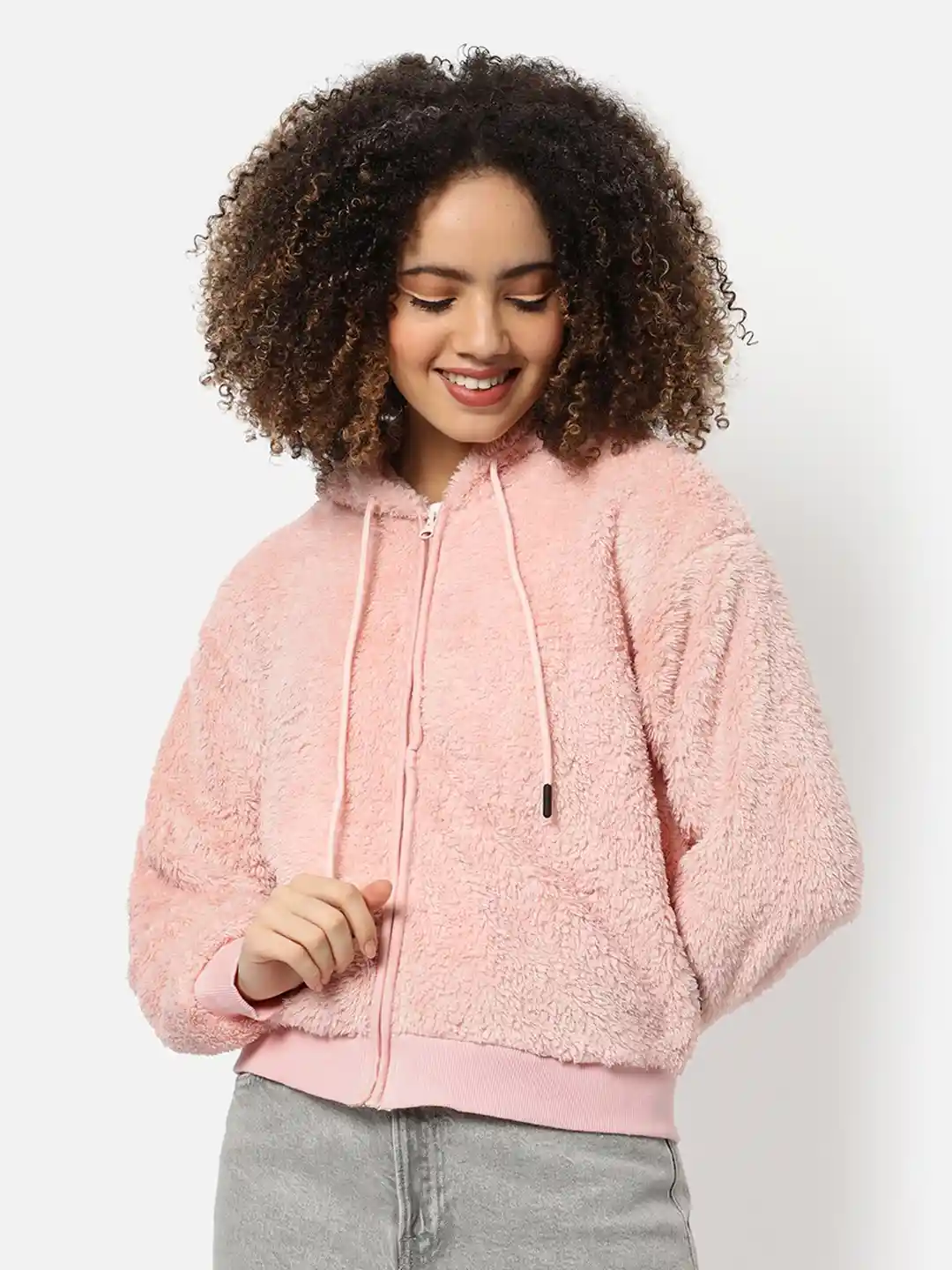 Campus Sutra Women's Pink Fleece Regular Fit Zipper Sweatshirt With Hoodie  For Winter Wear