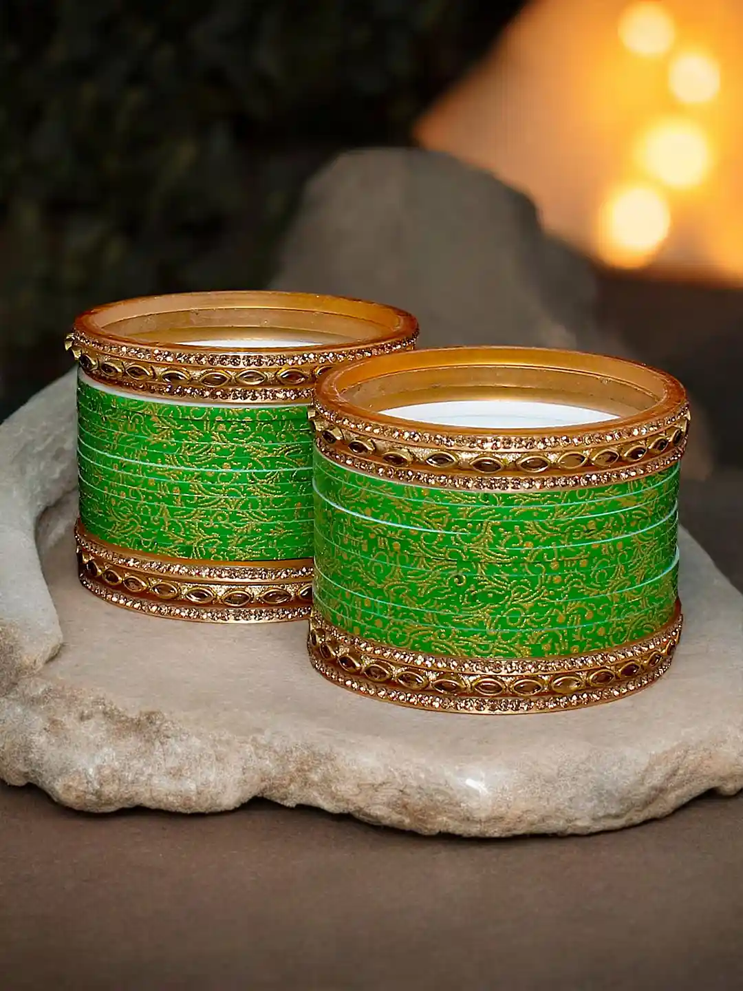 LUCKY JEWELLERY Gold-Toned Green CZ Kundan Studded Chura Bangle Set