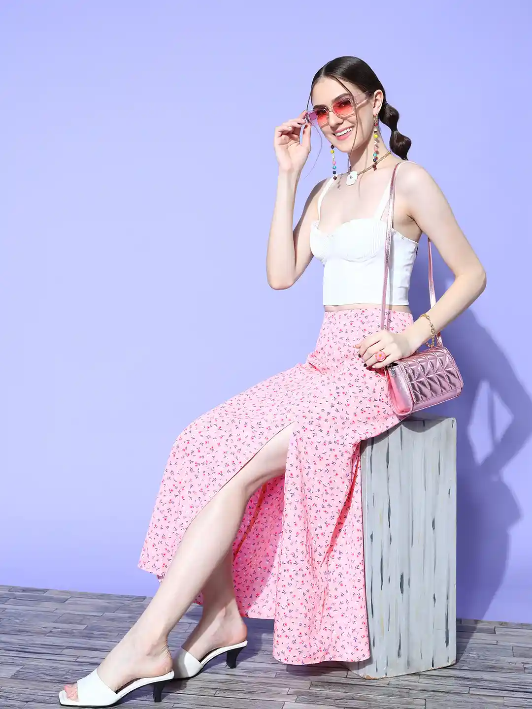 Buy Berrylush Pretty Pink Floral Peekaboo Slit Skirt Skirts for