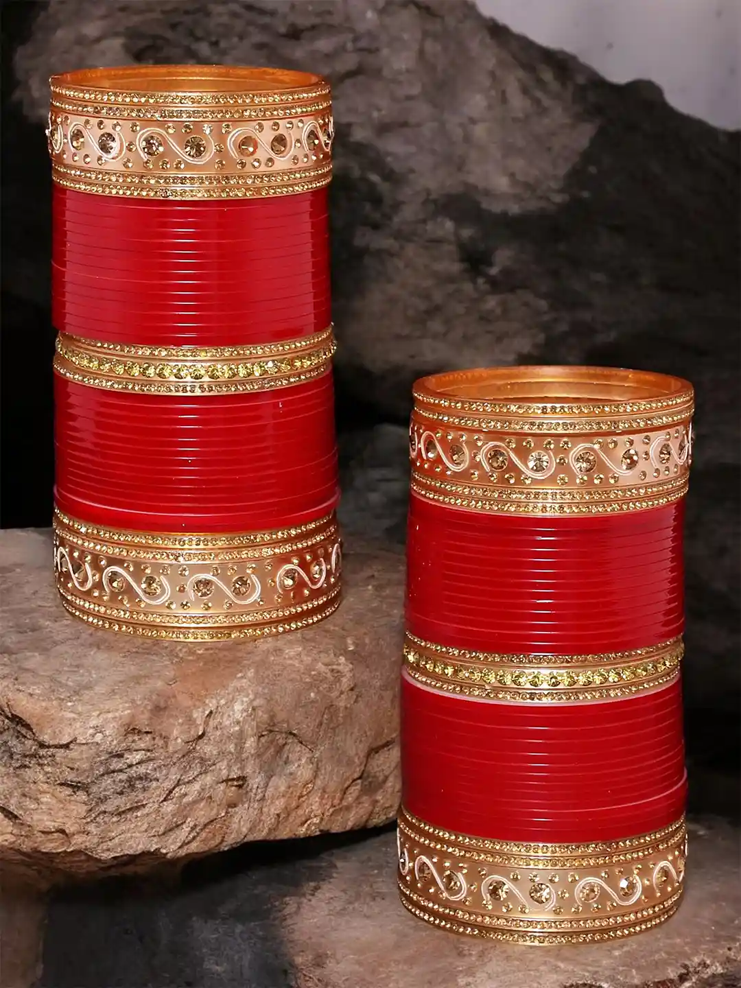 LUCKY JEWELLERY Red CZ Stone-Studded Punjabi Chura Bridal Wedding Bangle Set