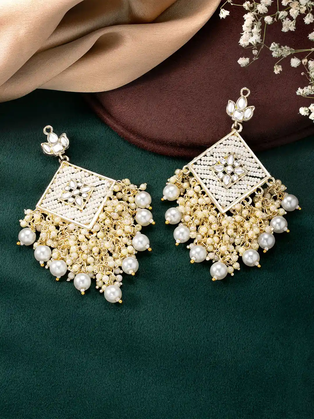 Buy Peora White Gold Plated White Design Ethnic Dangler Earrings