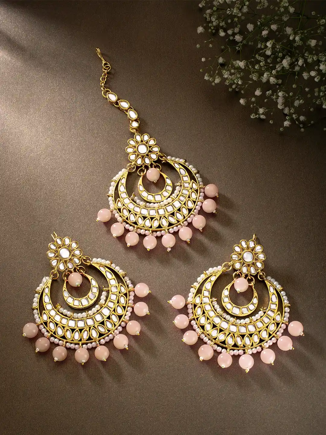 Buy Peora Peach-Coloured Gold-Plated Chandbali Earrings with Maang