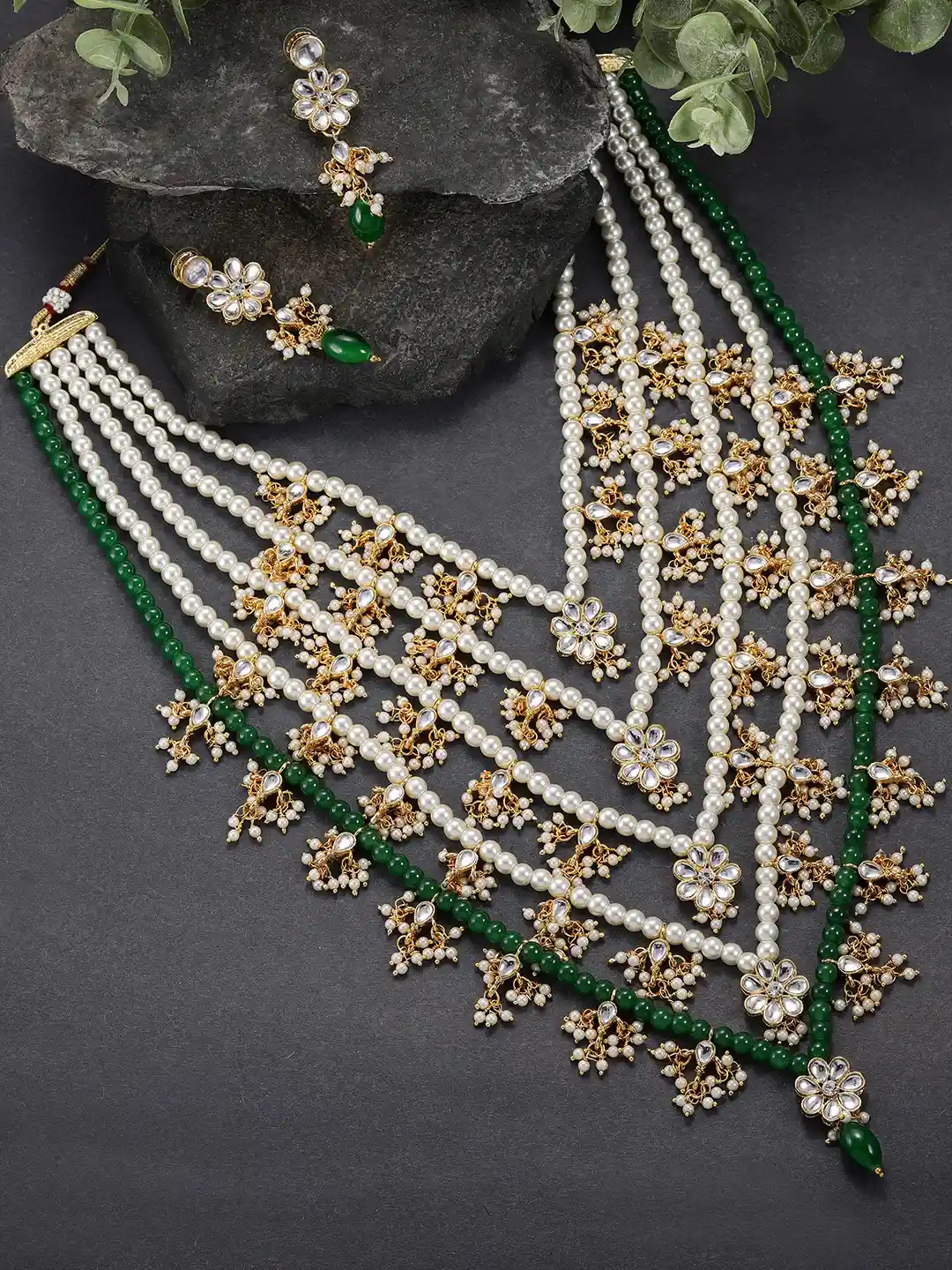 Peora Green White Gold-Plated Floral Multi Layered Long Necklace Earrings  Jewellery Set