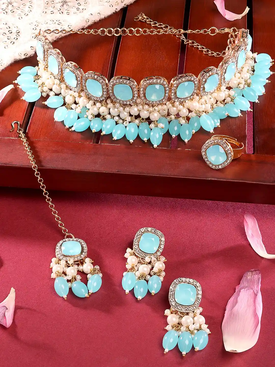 Buy Zaveri Pearls Women Gold-Plated Turquoise Blue Stone-Studded