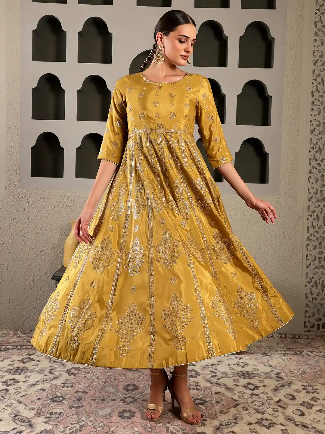 Buy W Mustard Yellow Silver-Toned Ethnic Motifs Ethnic Maxi