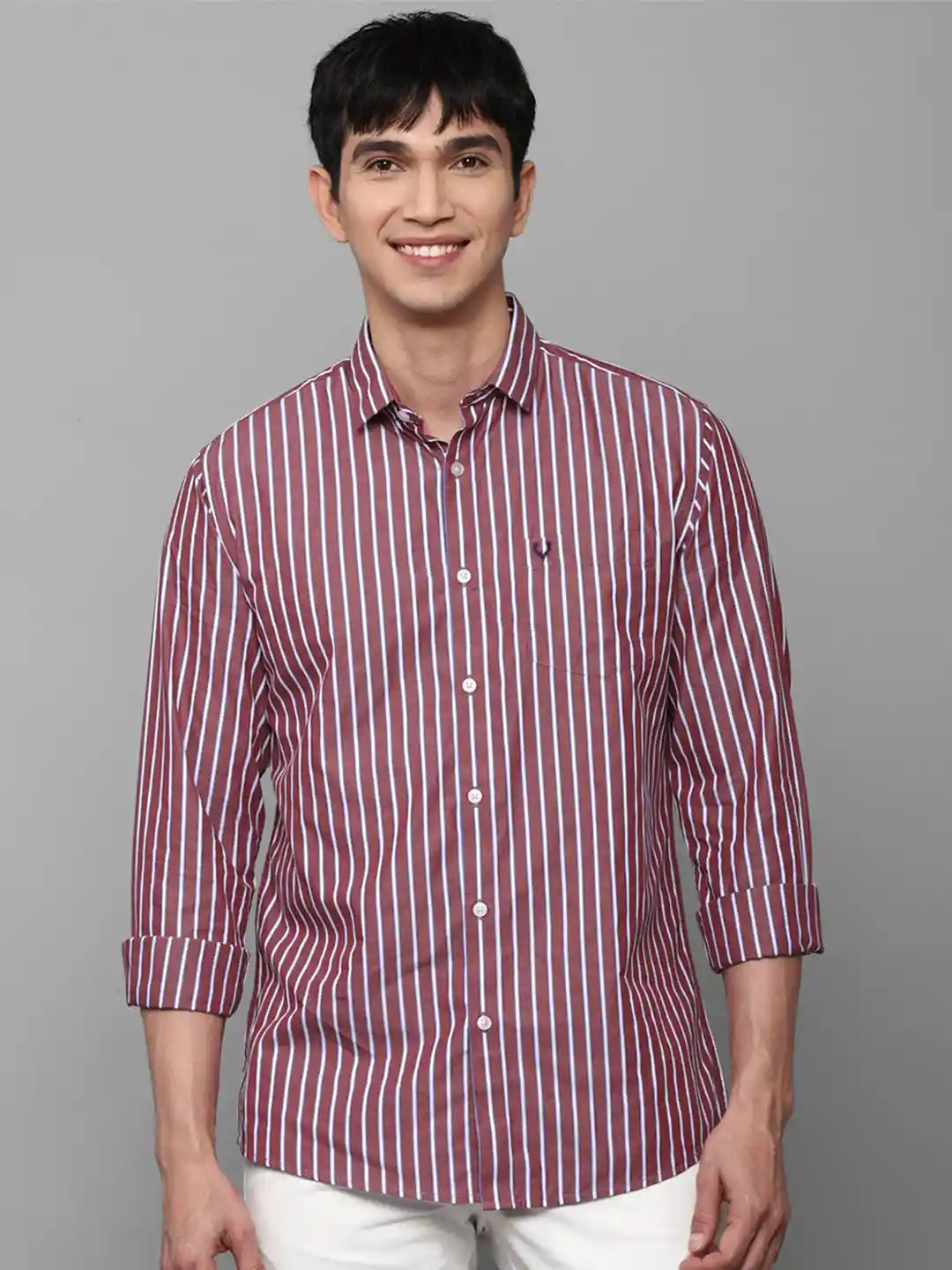 Buy Allen Solly Men Red Slim Fit Striped Long Roll-Up Sleeves