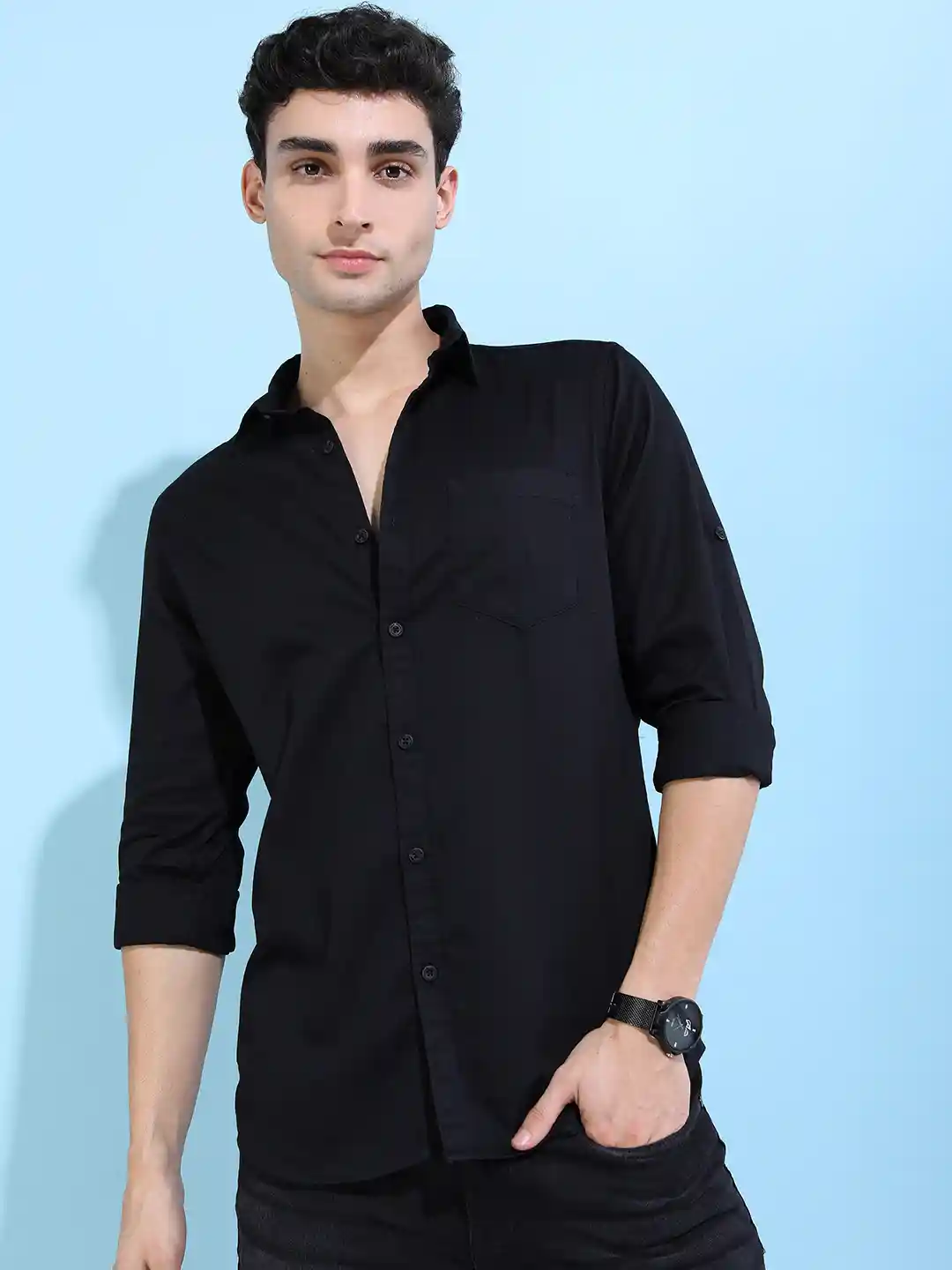 HIGHLANDER Men Black Long Roll-Up Sleeves Slim Fit Casual Shirt