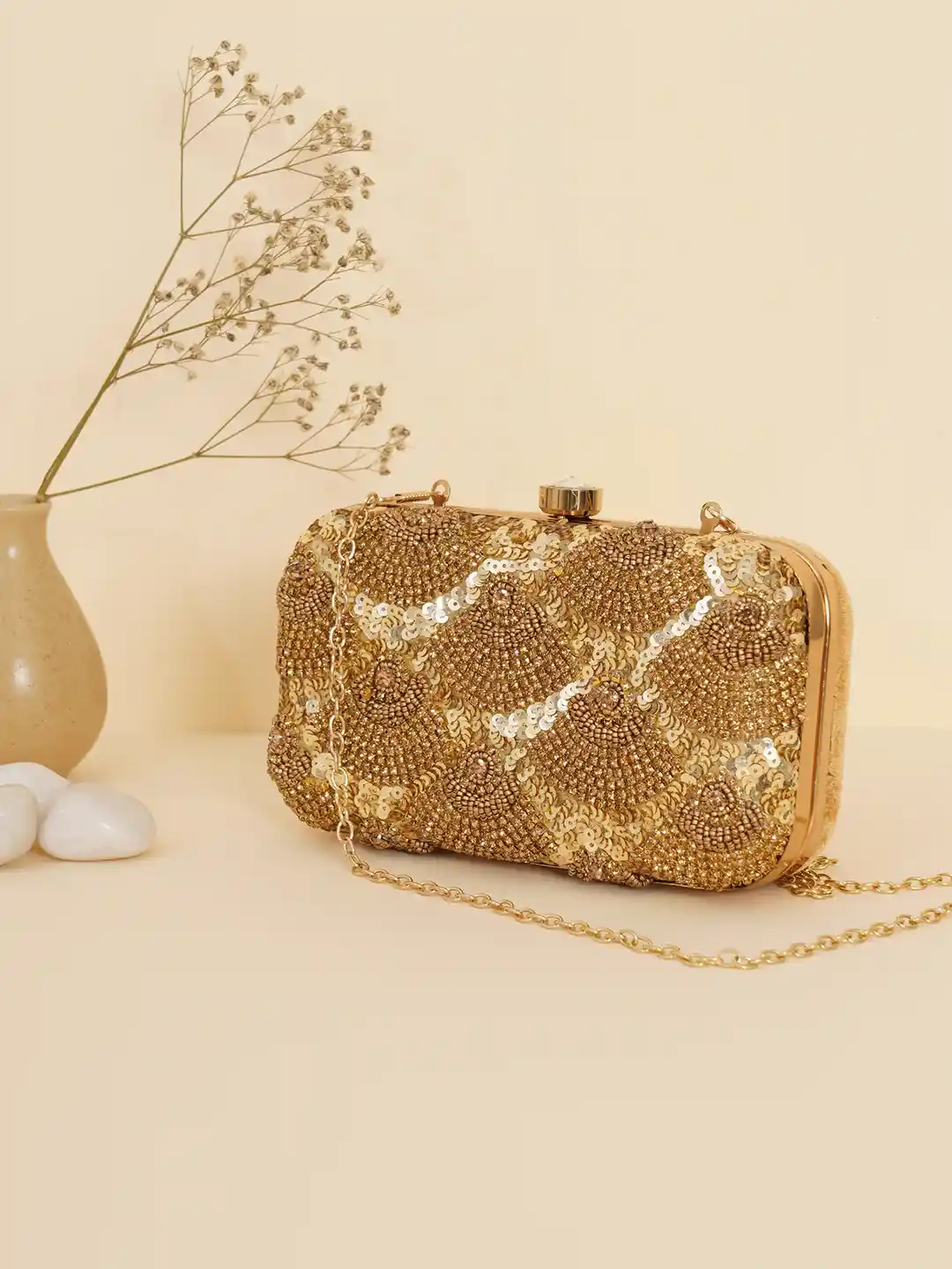 FABBHUE Gold-Toned Embellished Box Clutch