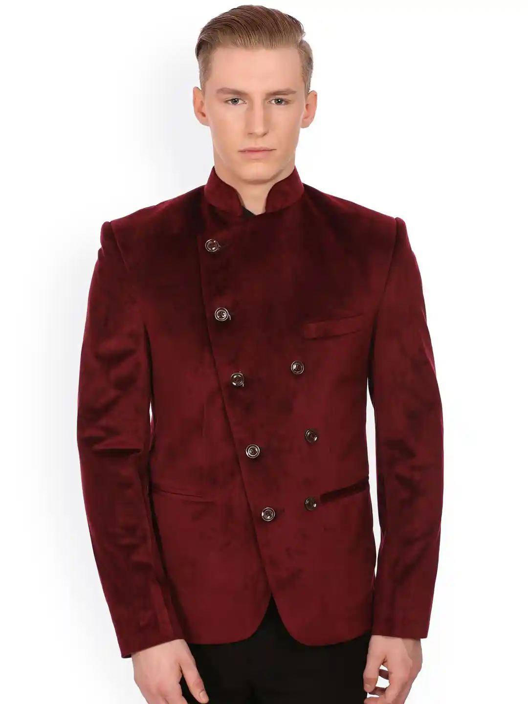 Buy Wintage Maroon Velvet Grandad Collar Ceremony Blazer Blazers