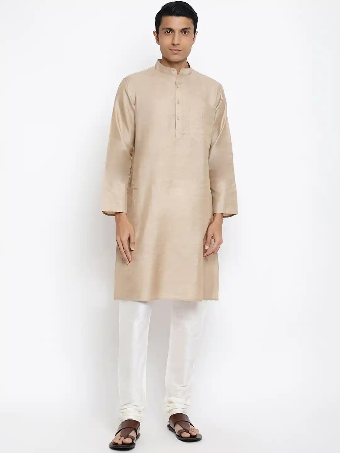 Buy Fabindia Men Beige Silk Blend Solid Long Kurta Kurtas for