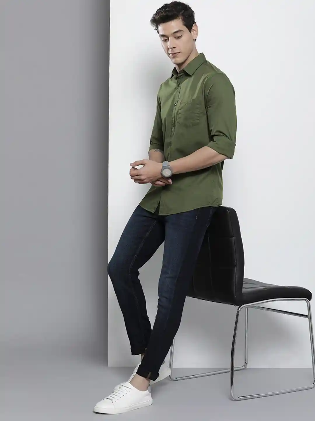 Sneakers Shoe Olive Green Jeans Combination Shirt Buy The Indian