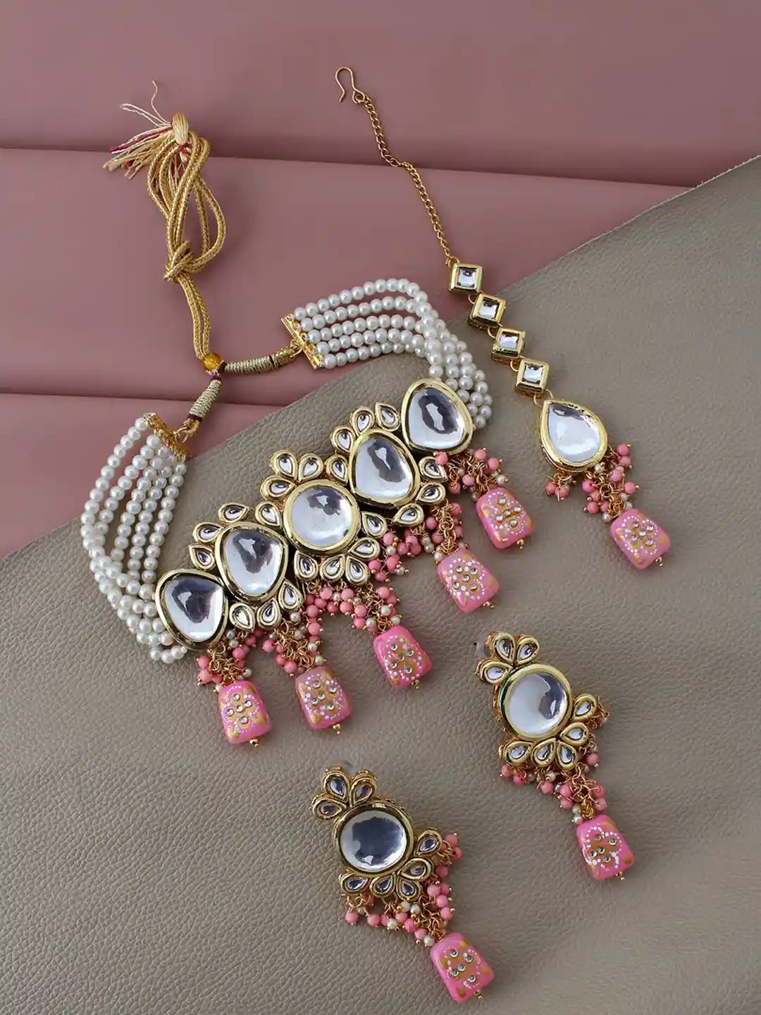 Buy LUCKY JEWELLERY Gold-Plated Pink Kundan Studded Jewellery Set