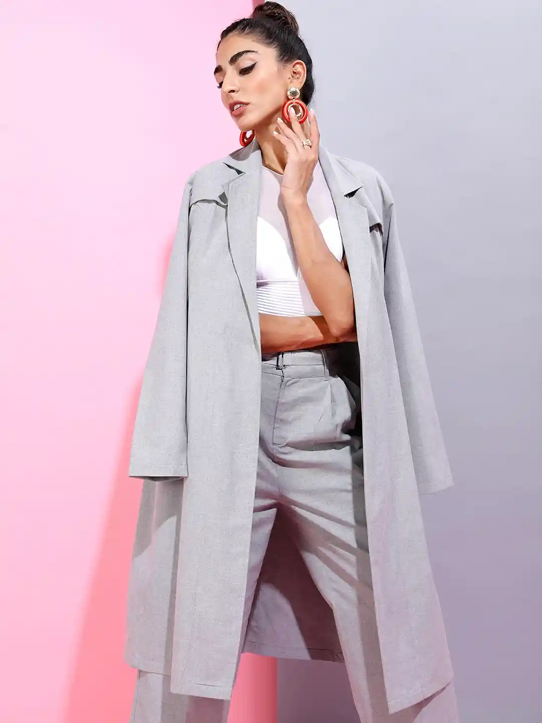 Tokyo Talkies Women Grey Solid Longline Trench Coat