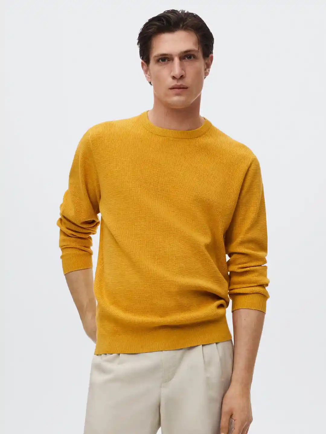 Buy MANGO MAN Mustard Yellow Self Design Micro Check Structure