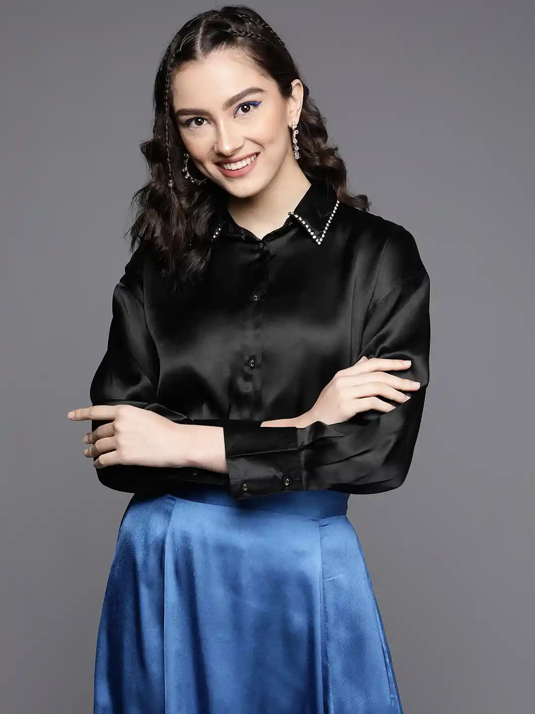 SASSAFRAS Women Black Comfort Fit Satin Longline Party Regular Fit Shirt