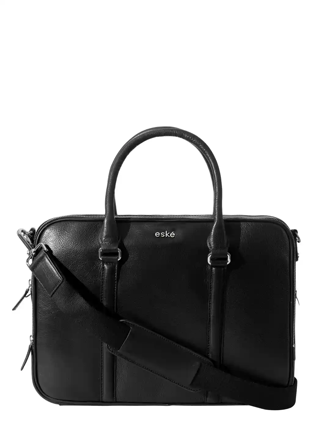 eske Men Black Textured 15 inch Laptop Compartment Trolley Strap Leather  Laptop Bag