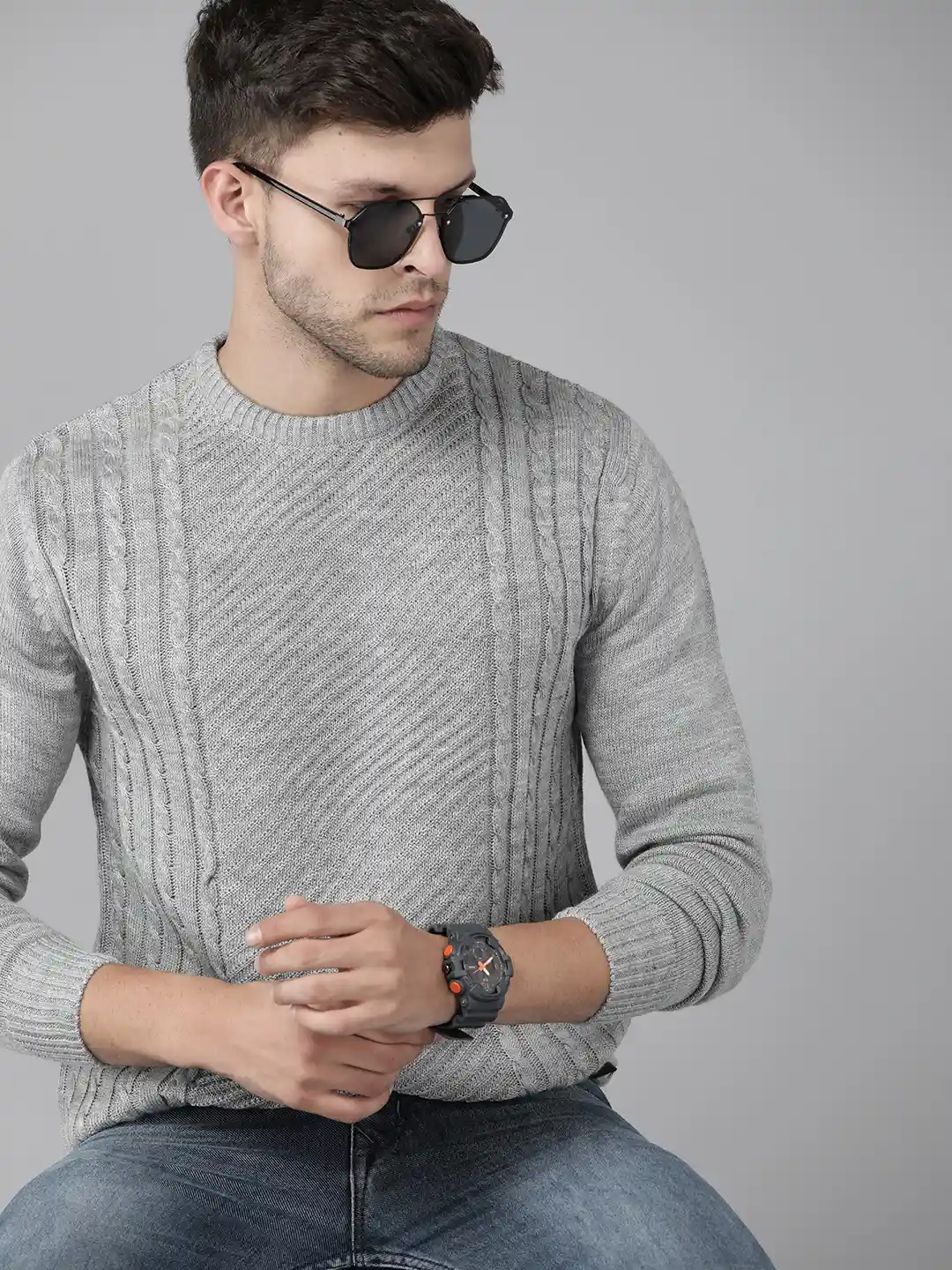 Roadster Men Grey Melange Self Design Pullover