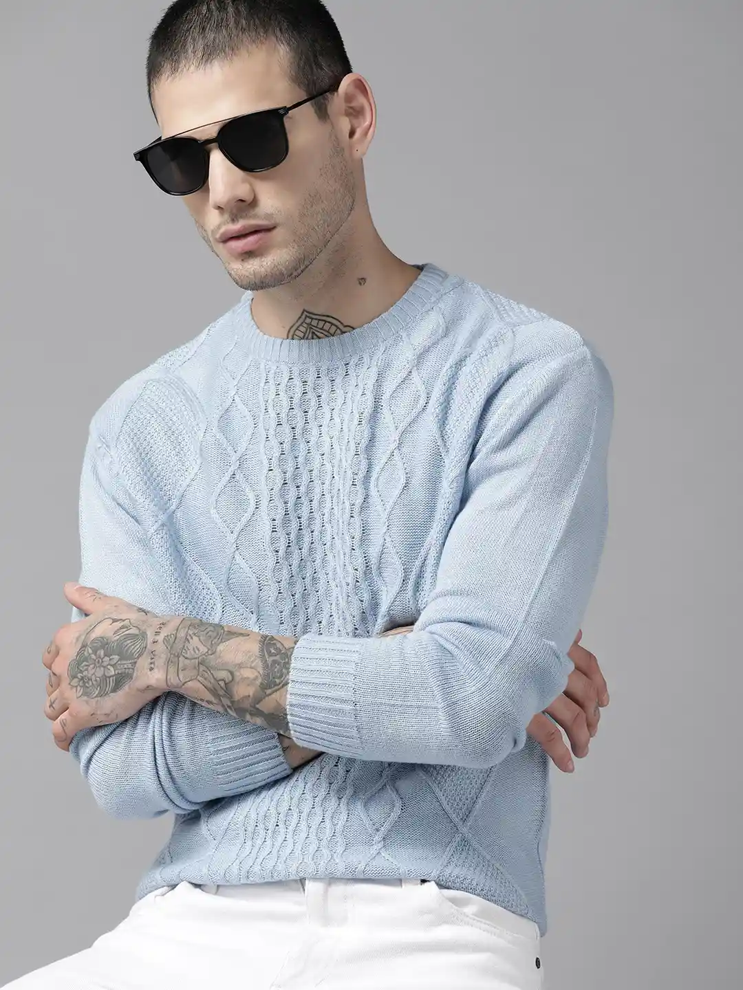 Roadster Men Blue Acrylic Cable Knit Pullover