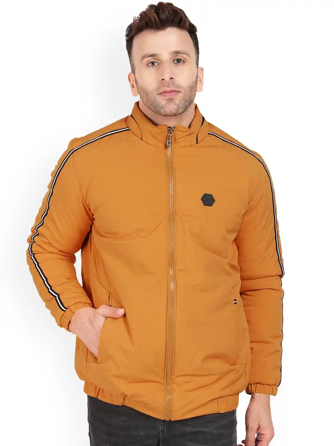 AD AV Men Gold-Toned Water Resistant Bomber Jacket