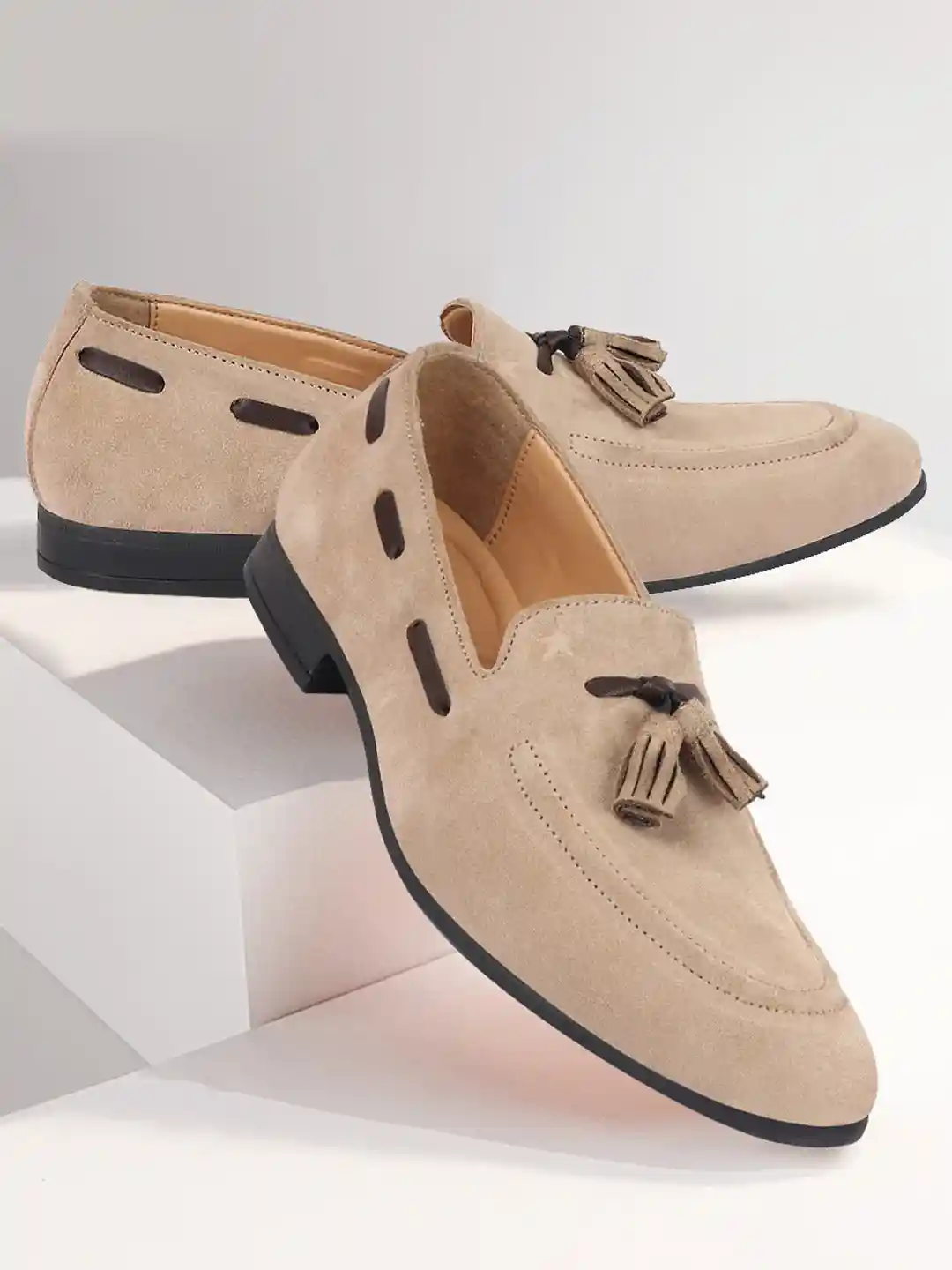 FAUSTO Men Brown Suede Leather Casual Tassel Loafers