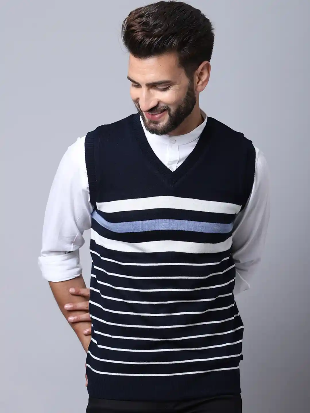 Buy Cantabil Men Navy Blue White Striped Sweater Vest Sweaters