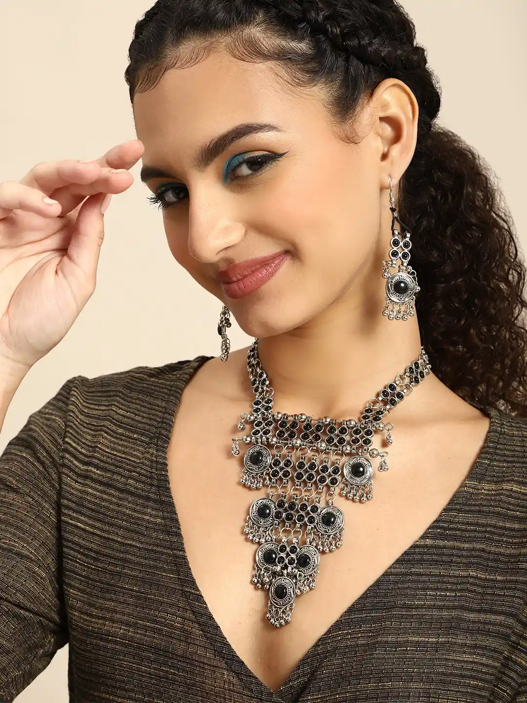 Sangria Women Silver-Toned Black Oxidised Jewellery Set