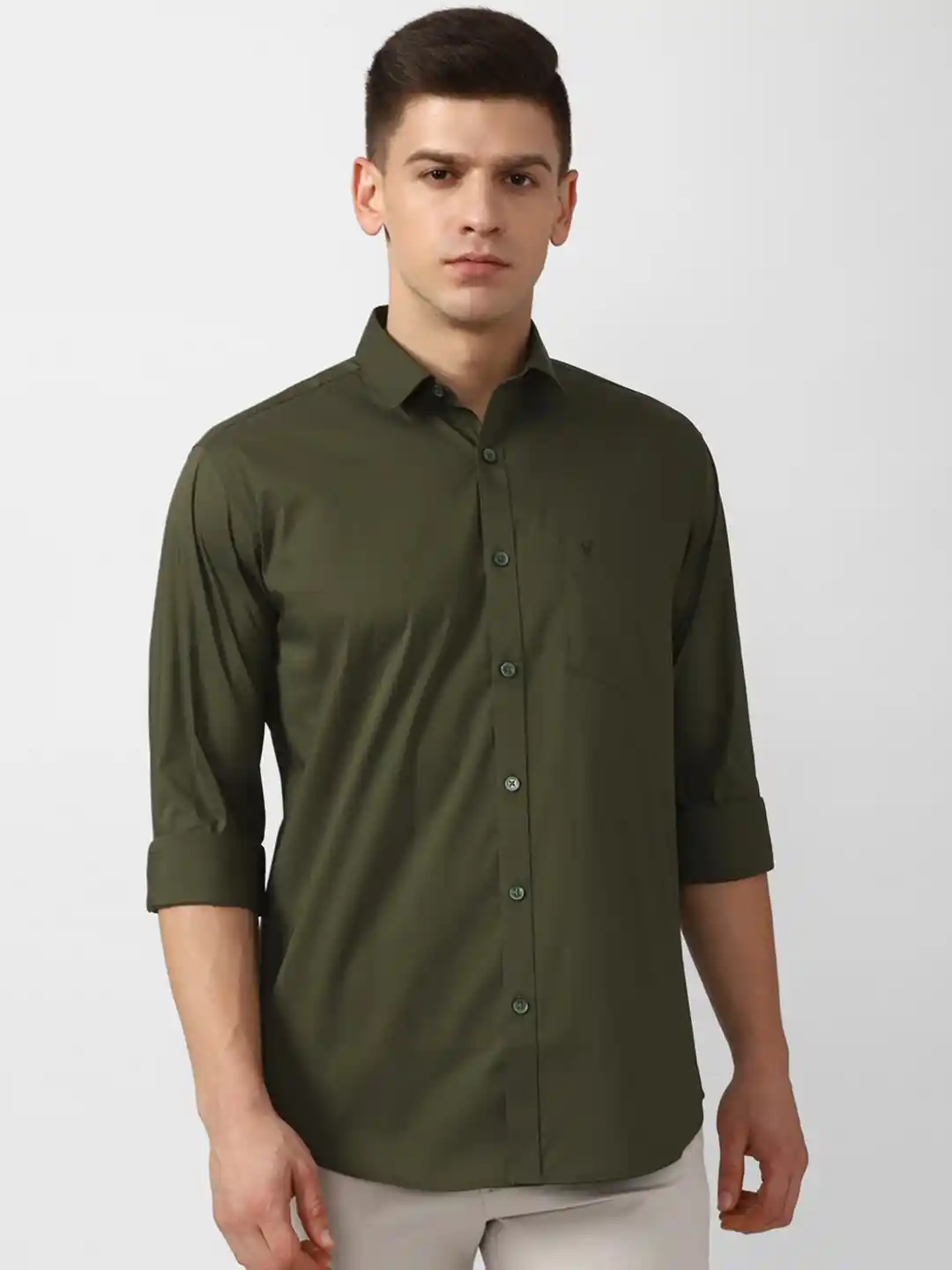 Buy Van Heusen Men Olive Green Solid Slim Fit Cotton Casual Shirt