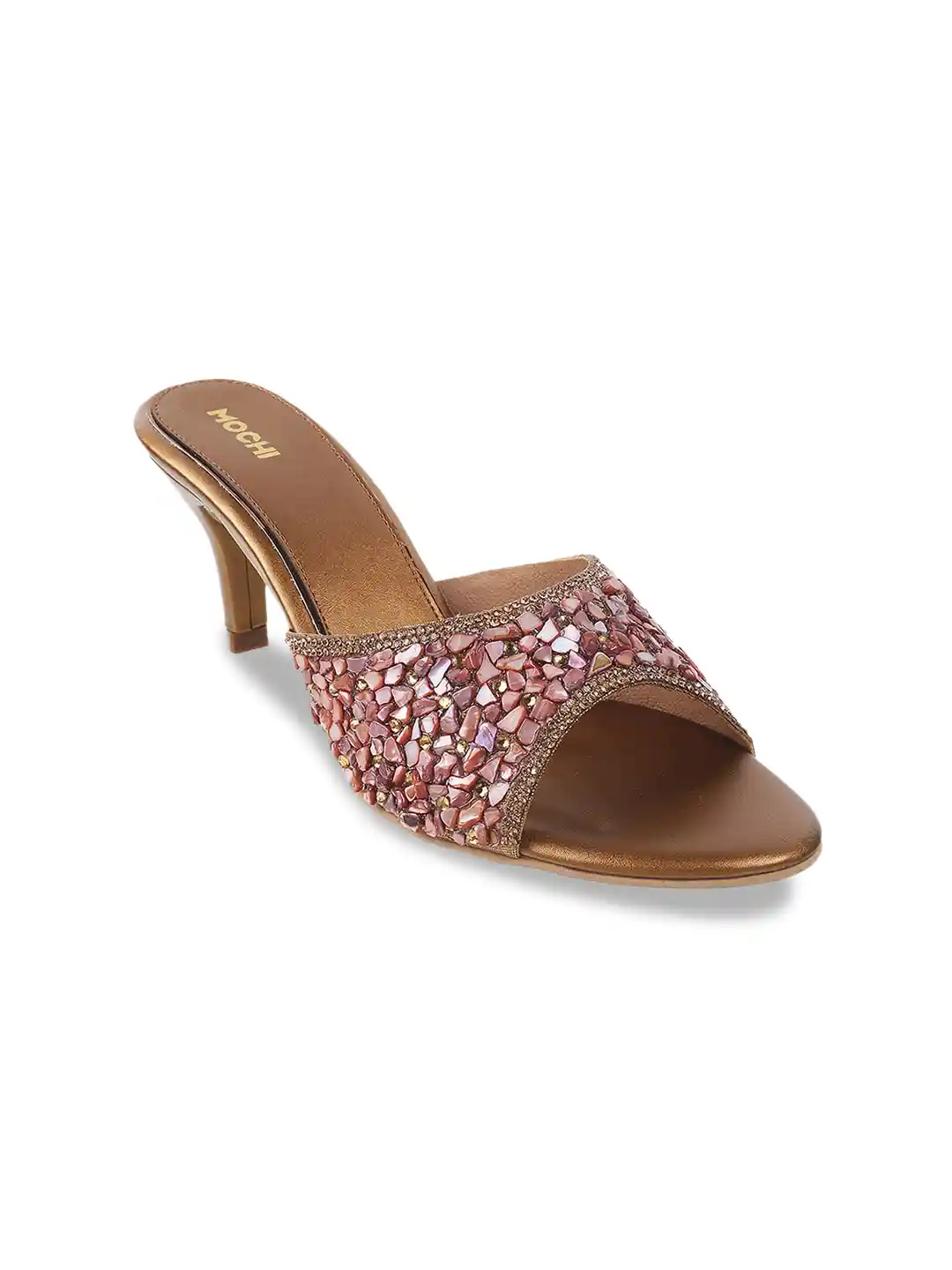 Sandals Mochi Party Wear Shoes Mochi Gold-Toned Embellished Party Slim Heels