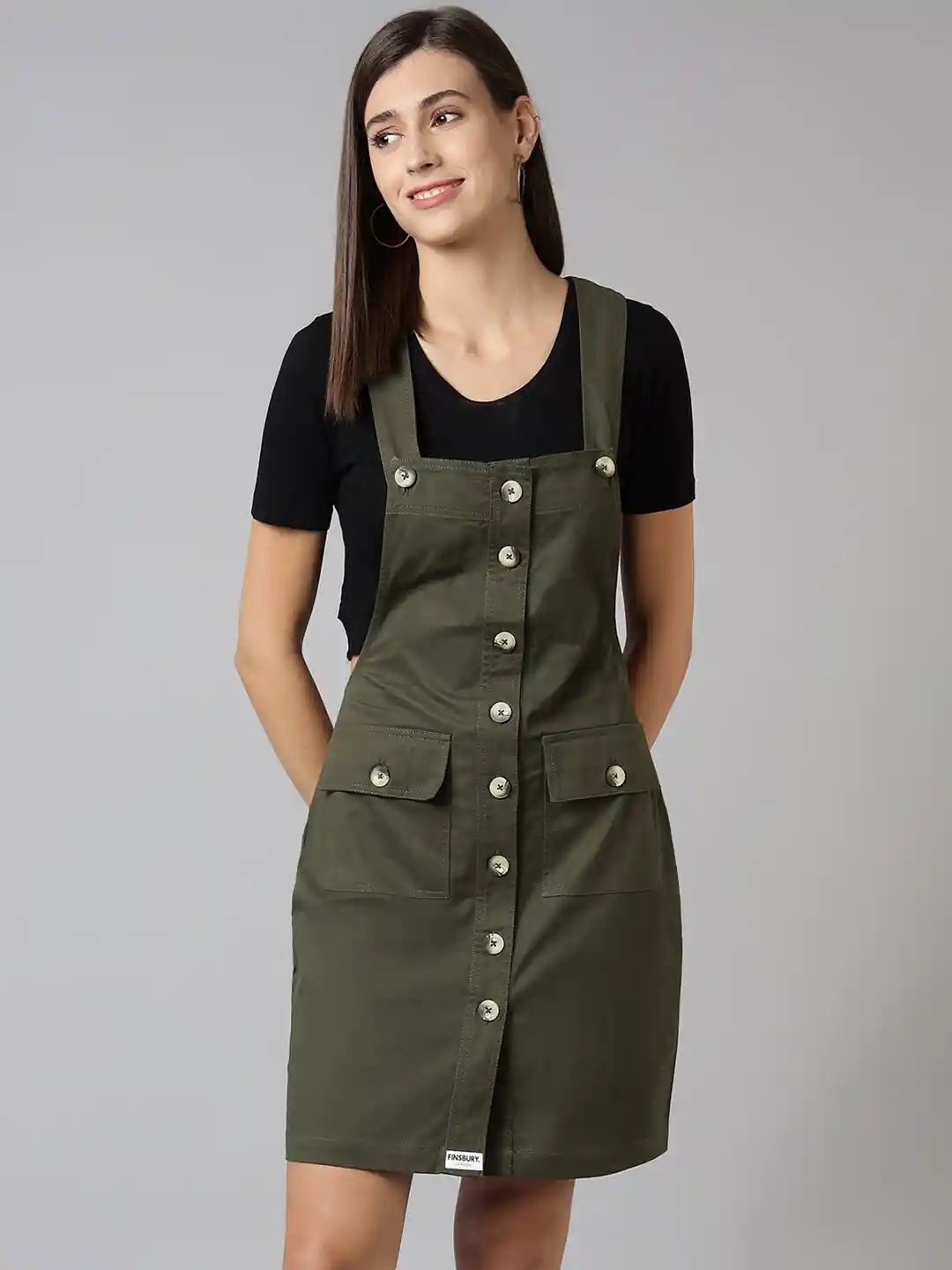 Buy FINSBURY LONDON Women Olive Green Pinafore Dress Dresses for