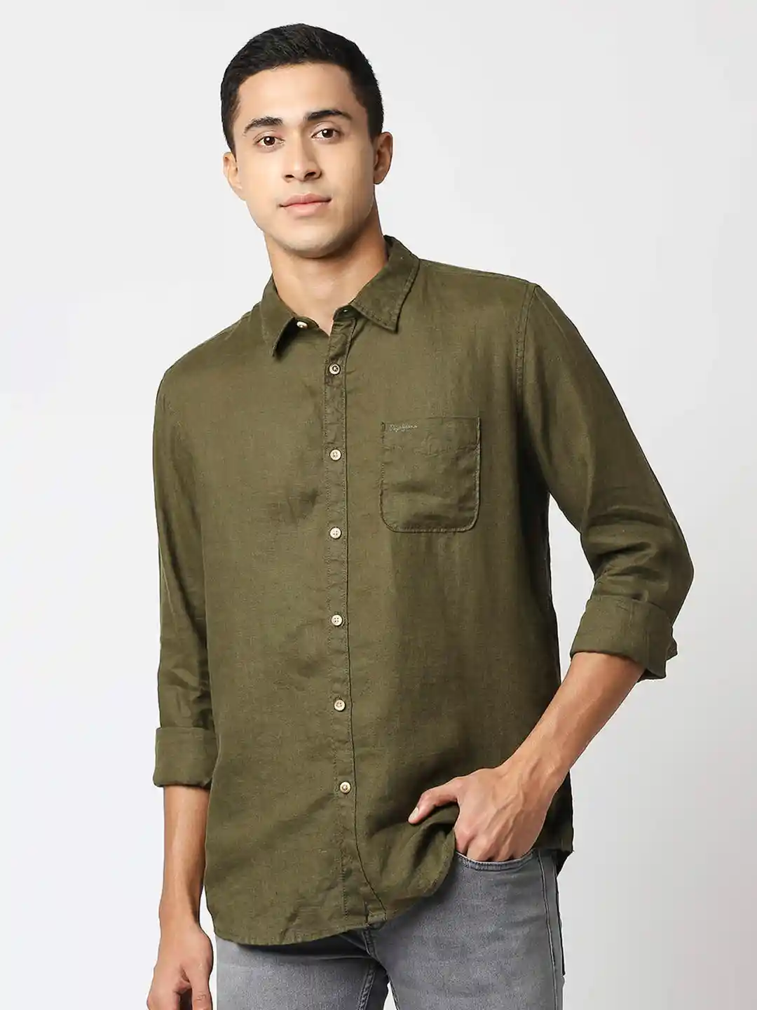 Buy Pepe Jeans Men Olive Green Casual Linen Shirt Shirts for Men
