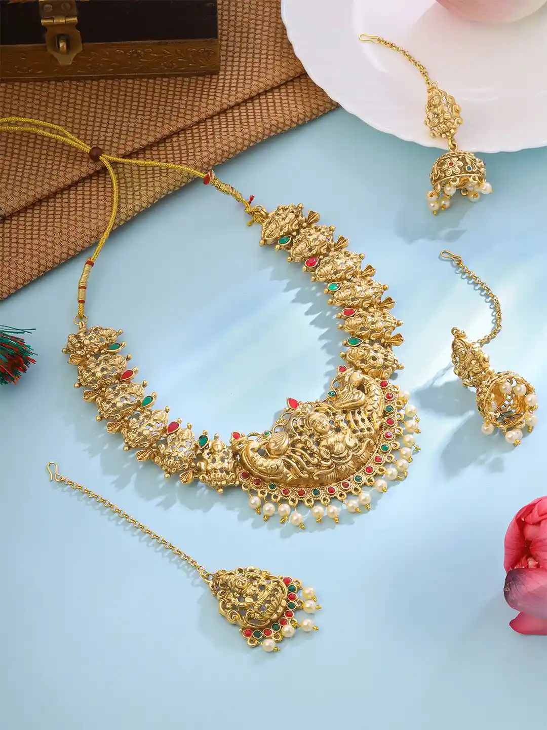 Buy Yellow Chimes Gold Plated Stone Moti Studded Lakshmi Temple