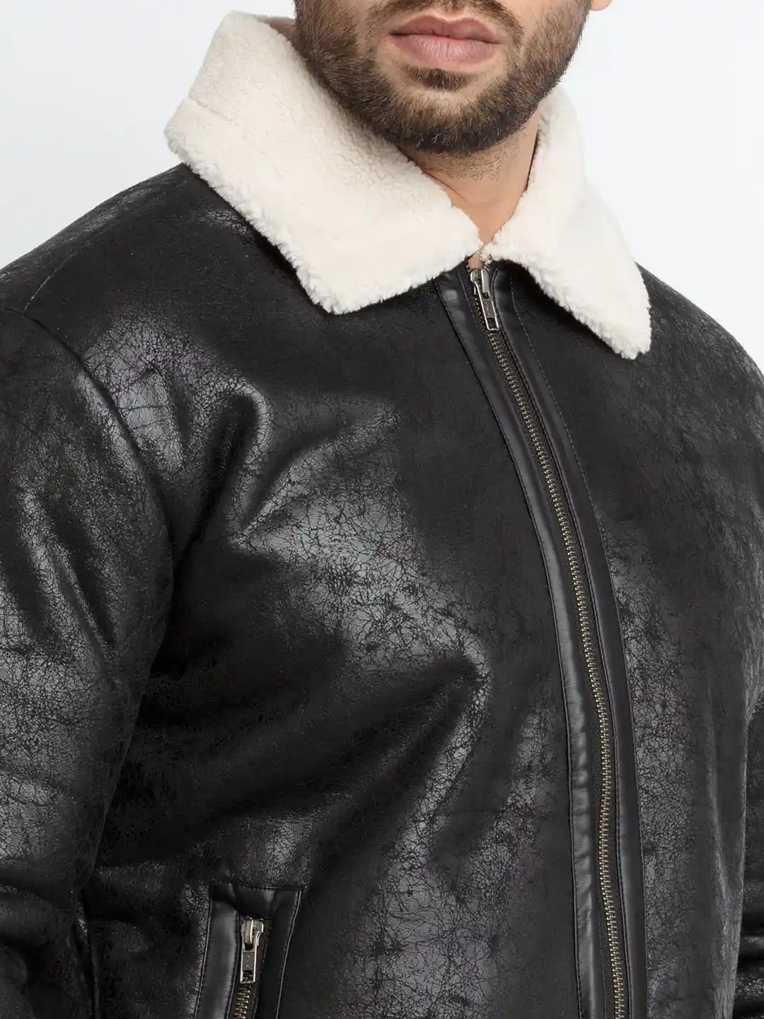 Buy Status Quo Men Black & White Colorblocked Leather Jacket